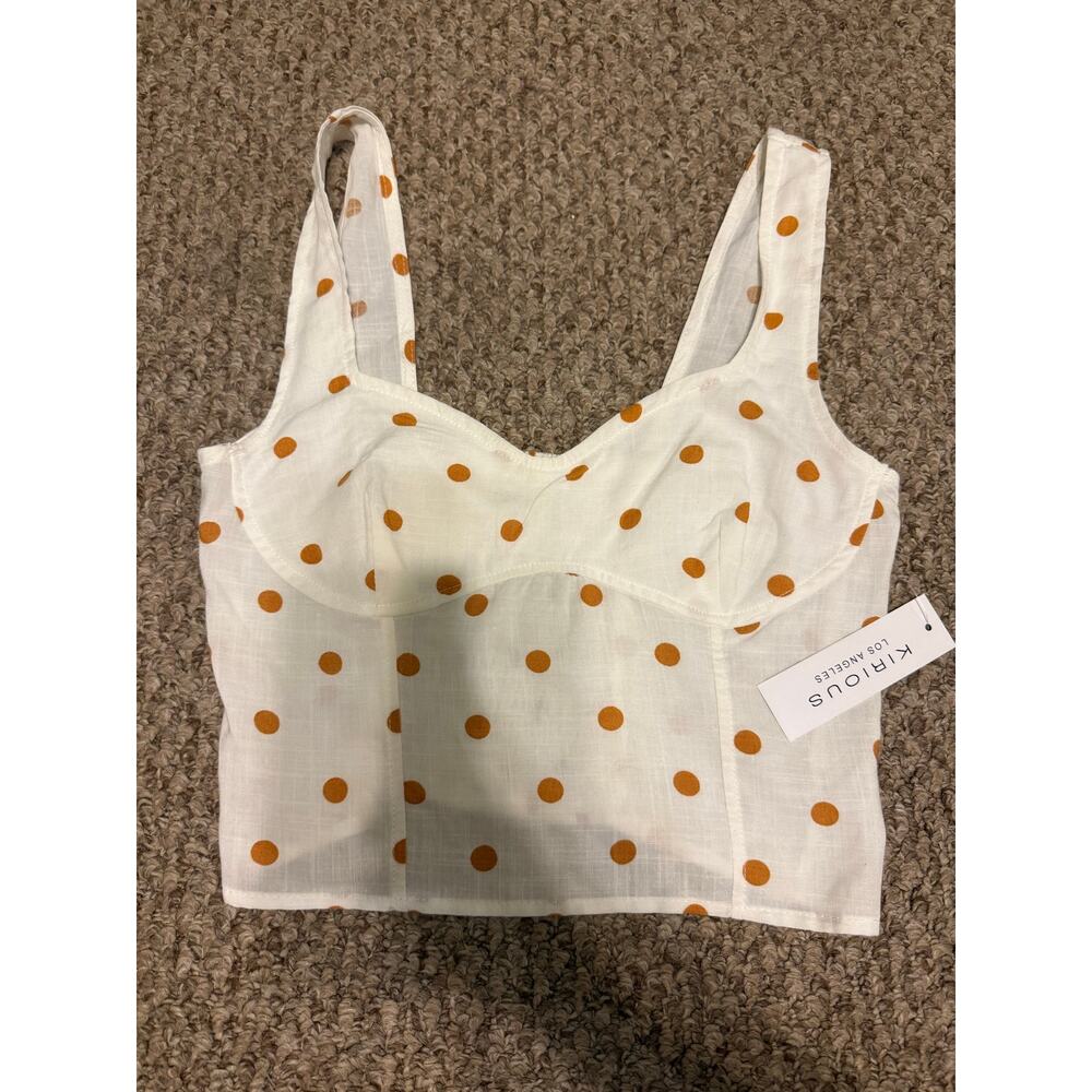 KIRIOUS | NEW Linen Blend Orange Polka Dot Cropped Tank/Skirt Pleated Set - Picture 3 of 12